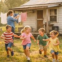 A mother hanging clothes on the line while her kids play in the yard
