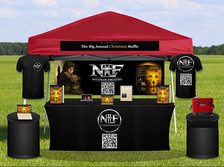 No Longer Forgotten festival booth &mdash; red pop-up tent with 'The Big Annual Christmas Raffle' banner, book displays, apparel racks, and prize giveaway items