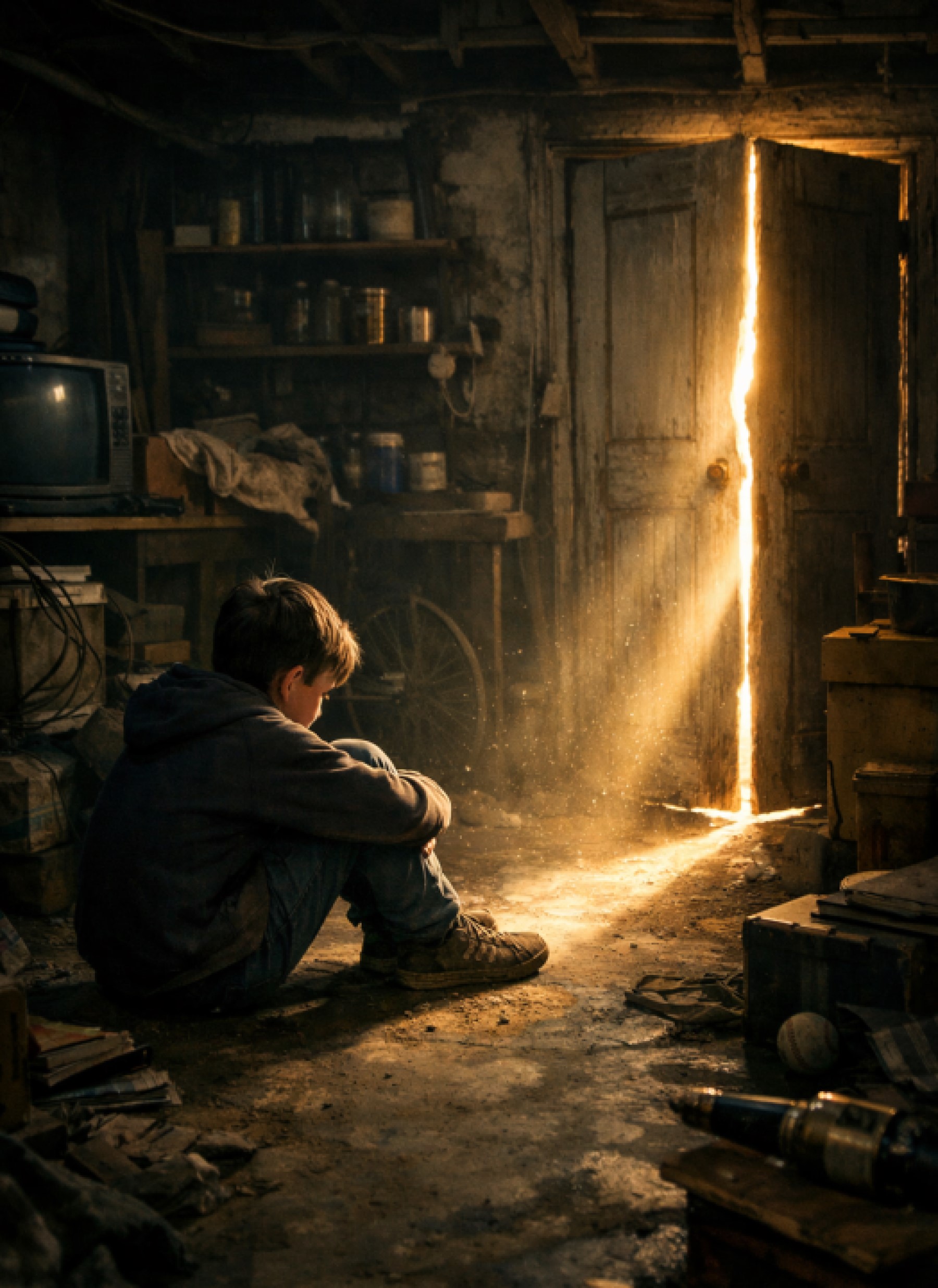 A child in the dark, with light breaking through a doorway